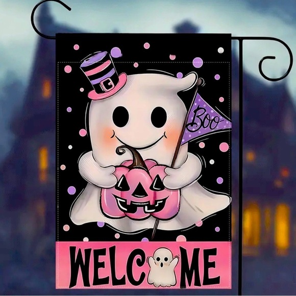 Halloween Pink Garden Flag Large 28” X 40” Welcome Ghosty Trick Or Treat - Picture 1 of 4